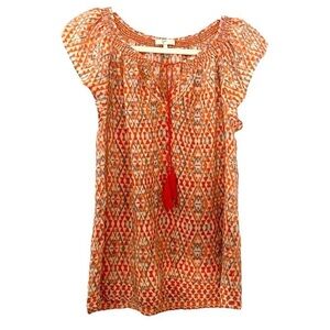 Joie Orangish Red Aztec Silk Blouse Sz S